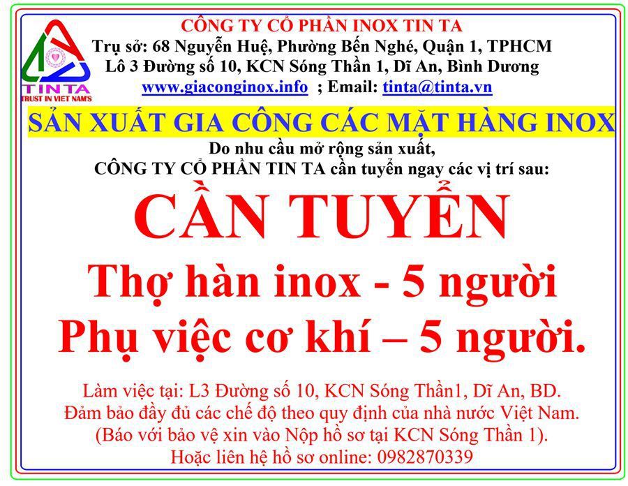 Chúng tôi đang tìm kiếm những ứng viên xuất sắc cho vị trí thợ hàn inox. Nhiệm vụ chính của bạn sẽ bao gồm: