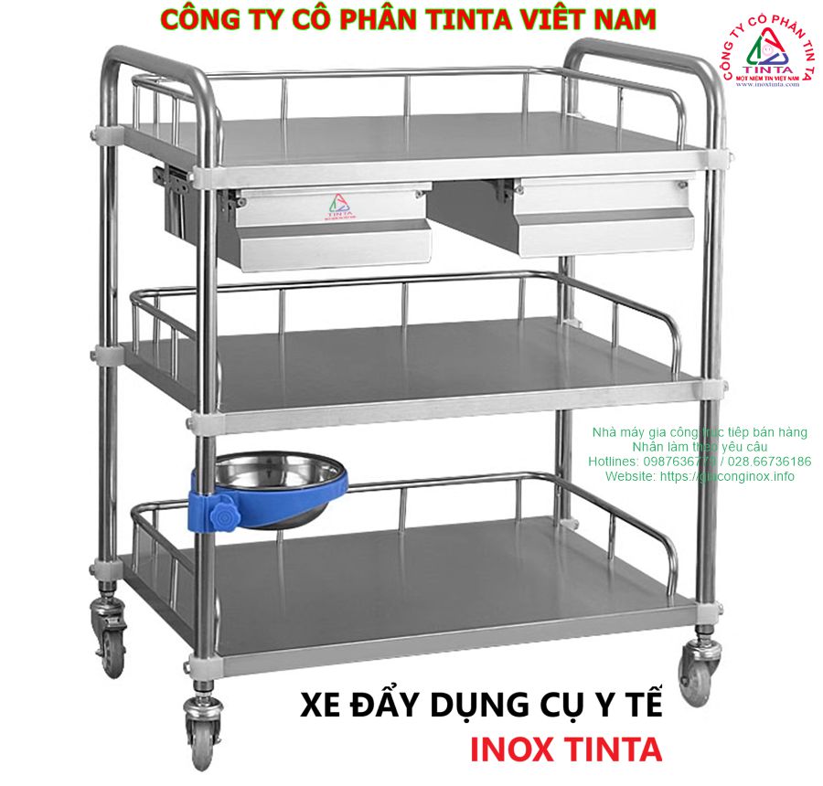 Xe đẩy dụng cụ y tế inox Tinta 3 tầng – thiết kế bền bỉ, giá cạnh tranh nhất, đồng hành cùng mọi phòng khám, bệnh viện!