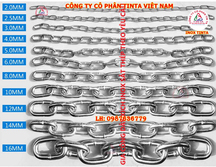 Tạo sự khác biệt với dây xích inox được sản xuất theo kích thước từ 1 mm đến 60 mm. Chất lượng hàng đầu, bền vững với thời gian.